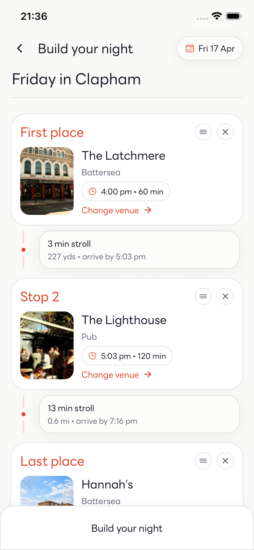 Night builder with stops arranged in order